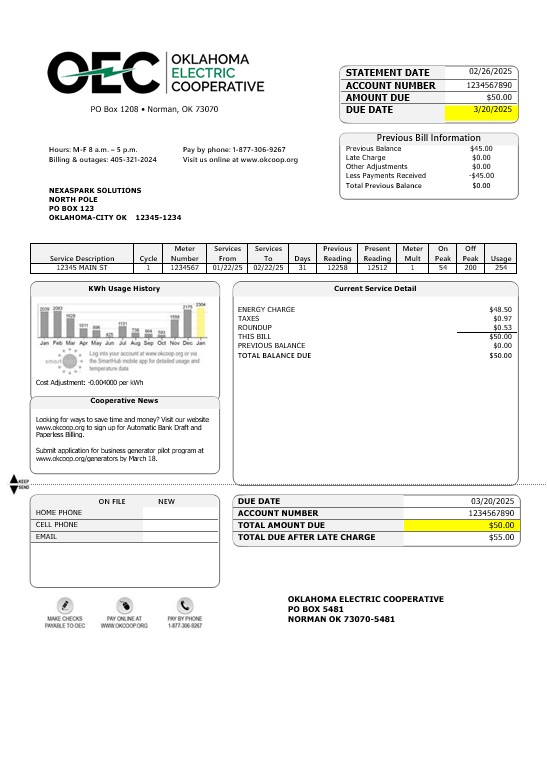 USA OEC electricity business utility bill template in Word and PDF formats